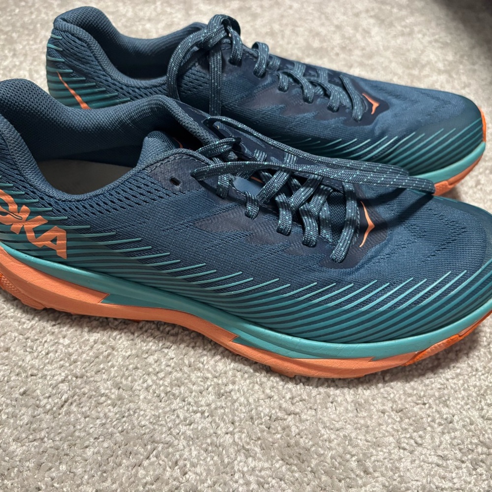 Hoka Blue and Orange Athletic Shoes with Ribbed Upper